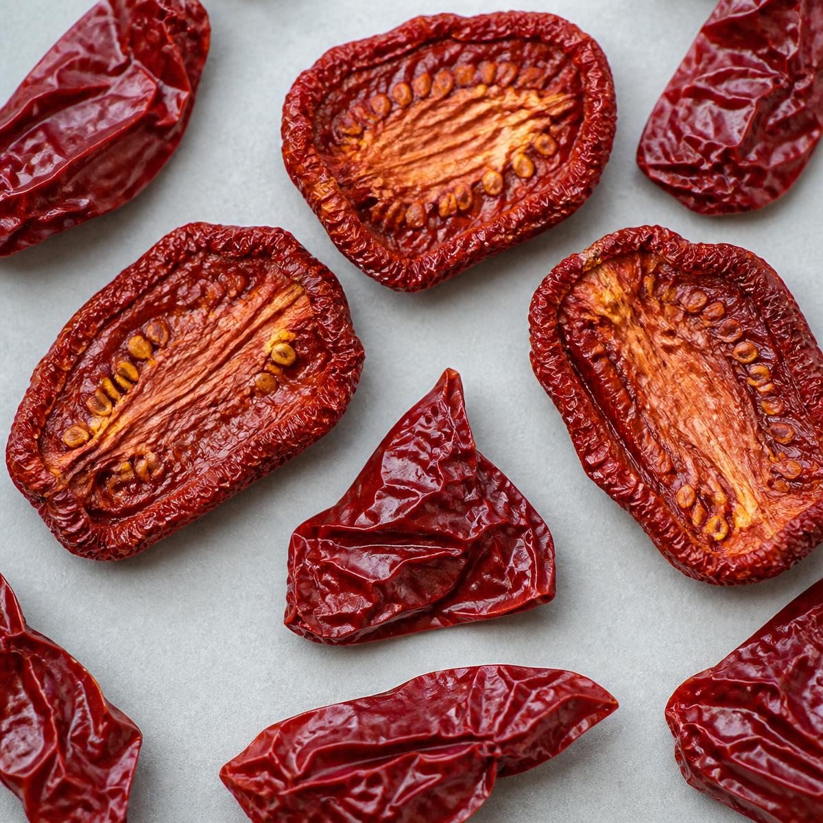 Dried tomato halves and dried pepper pieces